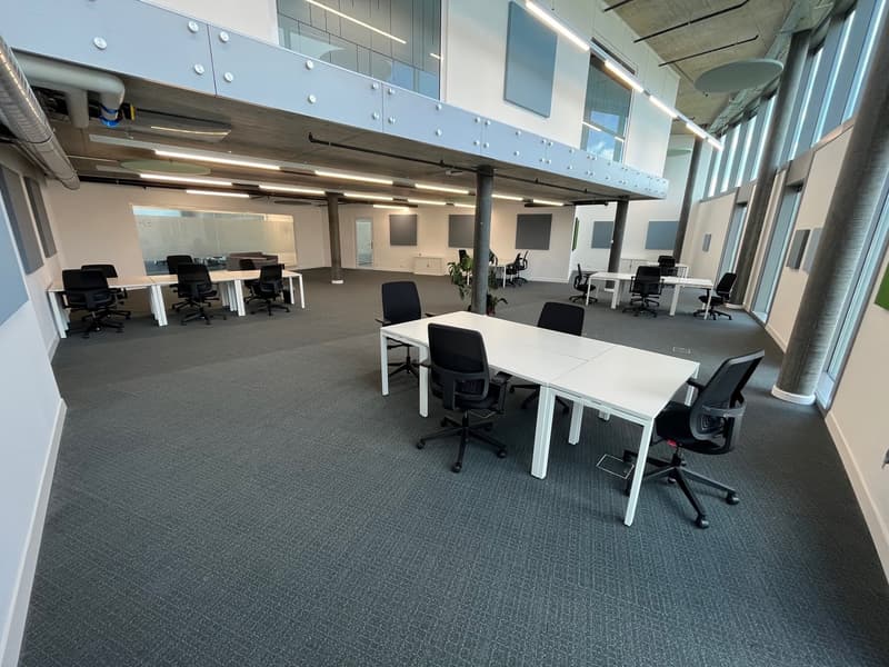 Open plan office space, white desks and chairs, glass doors, suspended ceiling lights