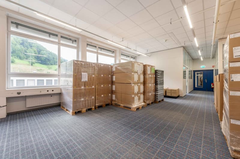 Storage room, carpet floor, stack of boxes, radiator, windows