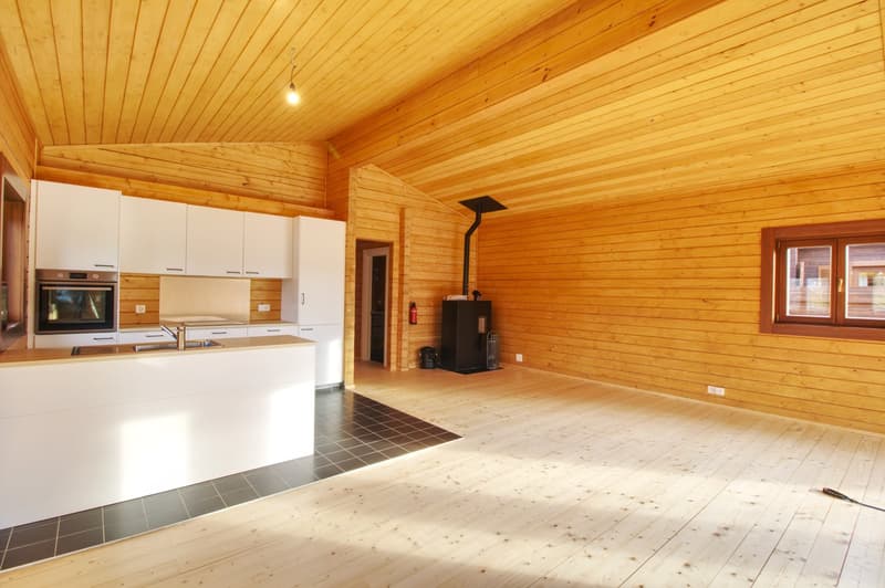 kitchen with wooden walls, white cabinets, black tiled floor, fireplace, oven, sink, faucet