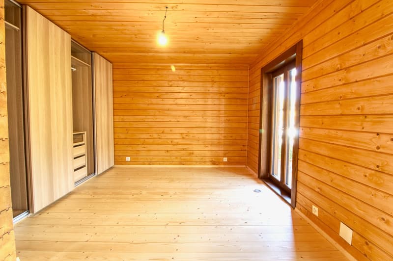 empty room, wooden walls, wooden floor, glass door, glass window, built-in wardrobe