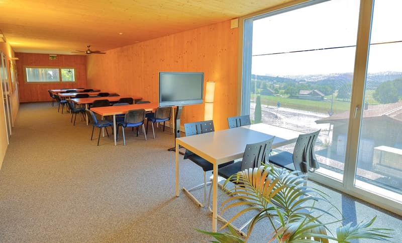 conference room with tables, chairs, monitor, lamps, carpeted floor, large windows