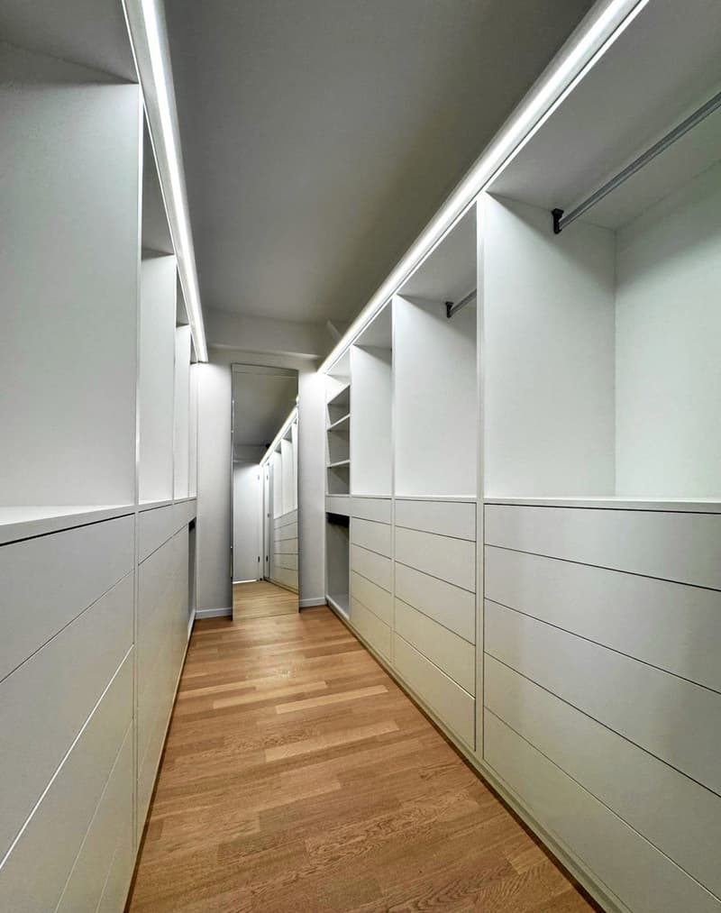 walk-in closet with wooden floor, white walls, mirrored wall, shelves, drawers