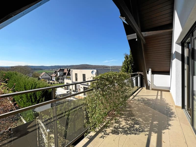 The image shows an apartment balcony overlooking the countryside with houses in the background, a clear blue sky, and a lush green field.