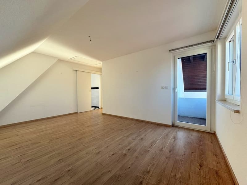 empty room, white walls, wooden floor, glass door, window, balcony