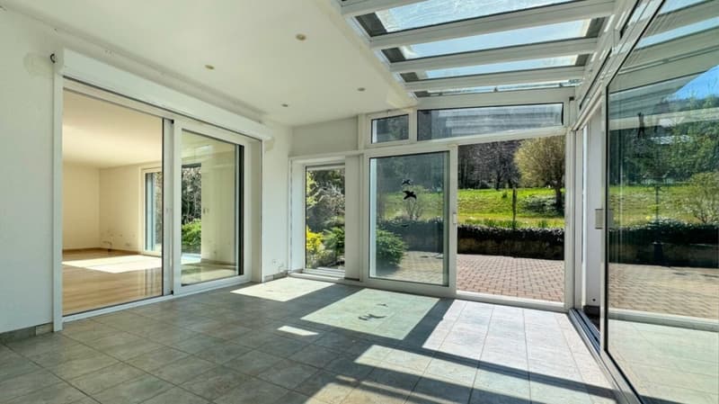 large windows, sliding doors, tiled floor, large terrace