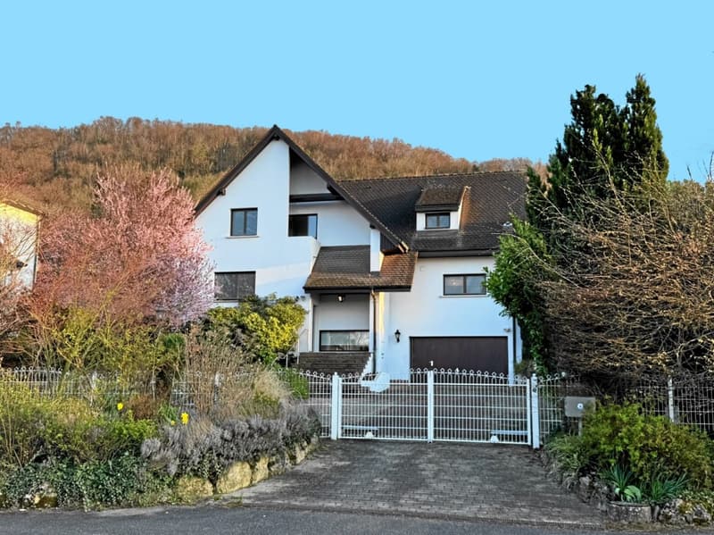 2 story house, white exterior, brown roof, garage, driveway with white gate, fenced garden