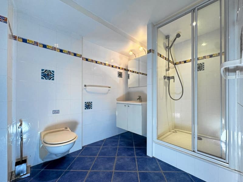 White tiled walls and blue tiled floor, shower with glass door, vanity with sink, toilet, towel rack.