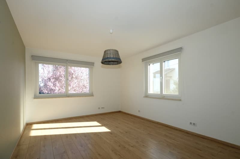 empty room, hardwood floor, two windows, hanging light, power outlets, shades on the windows