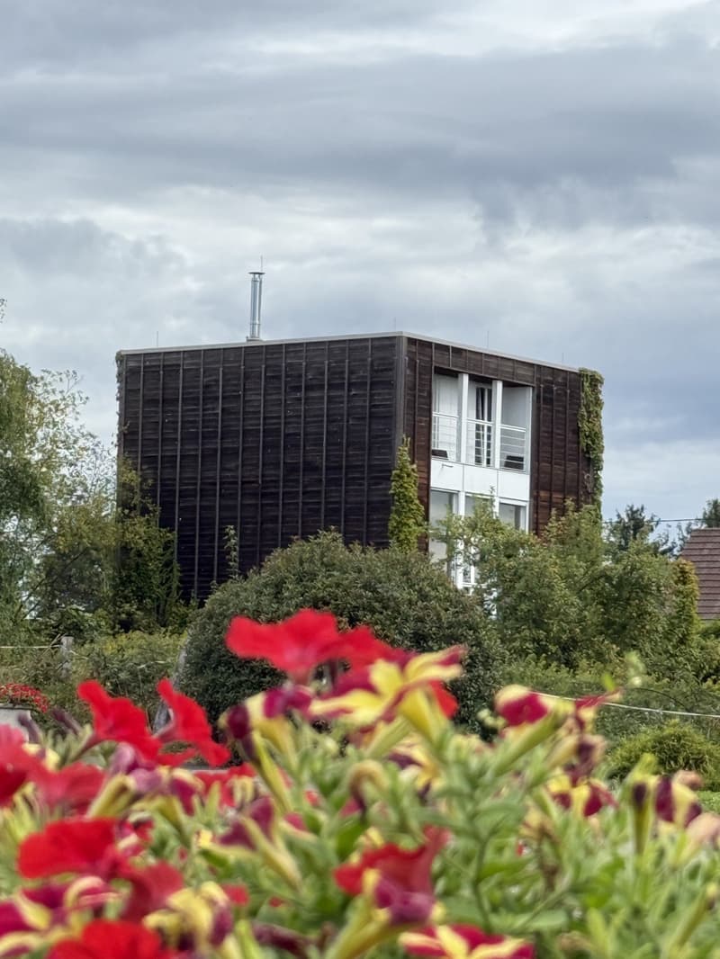 3-story building, dark wood exterior, windows with white frames, garden with red flowers