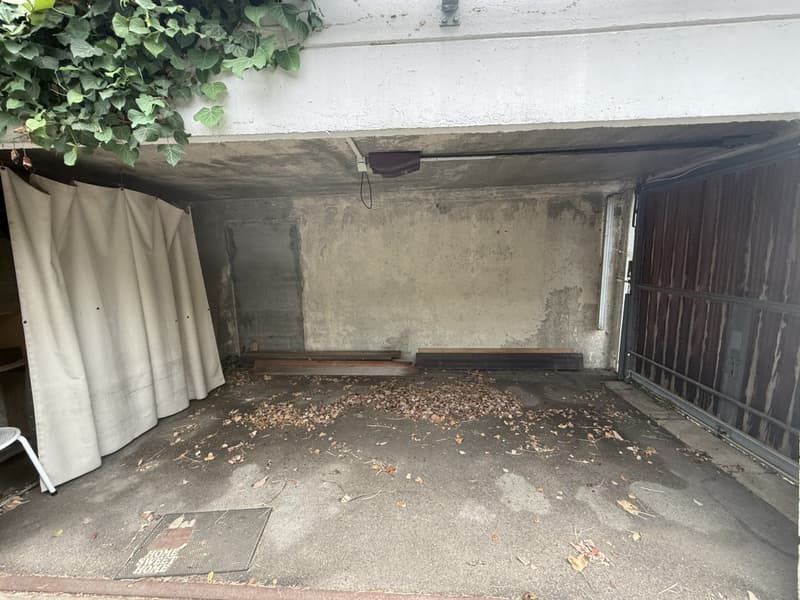 concrete ceiling, closed wooden door, bare floor with some leaves, metal grate at floor, plants on wall, and a white curtain