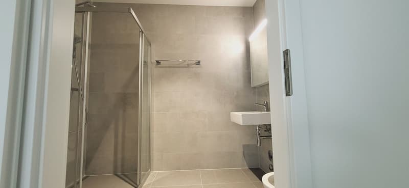 Spacious bathroom with large glass shower enclosure, white tile walls and floors, and a wall-mounted sink.