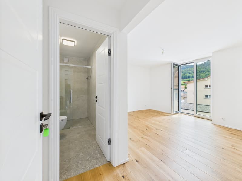 The image shows a modern, open-plan apartment with a large window providing a view of the surrounding landscape. The apartment features a hardwood floor and a bathroom with a glass door visible through the open doorway. The overall design appears to be mi