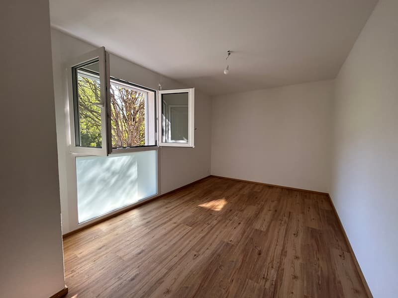 empty room with wooden floor, white walls, large windows overlooking trees, no furniture