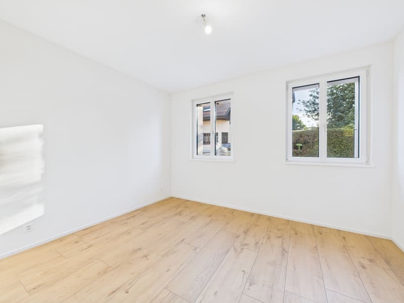 empty room with white walls, hardwood floor, two windows, white ceiling with a single light fixture