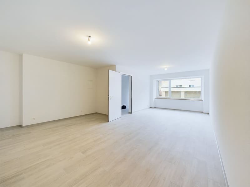 empty room, wooden floor, white walls, open door, bright window