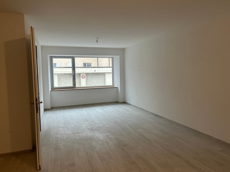 An empty room with a wooden floor, white walls, and a large window with a white frame. A ceiling light is visible.