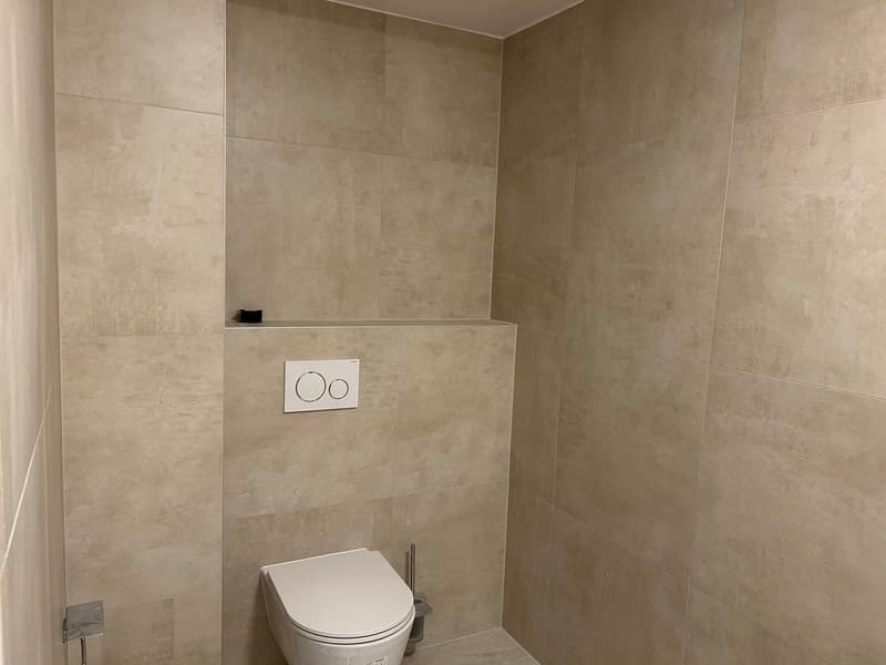 beige tile walls, white toilet, wall-mounted toilet seat, white light switch, silver toilet brush holder