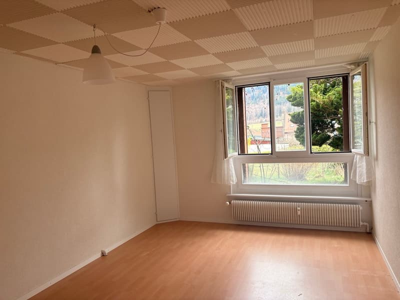 empty room, wooden floor, window with view, white walls, radiator, closed door, hanging light