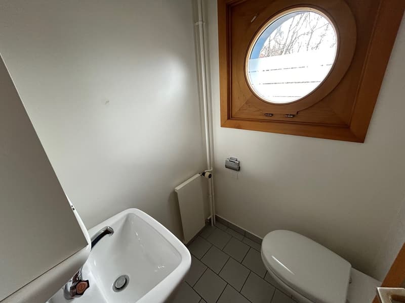 small bathroom with sink, toilet, and round window