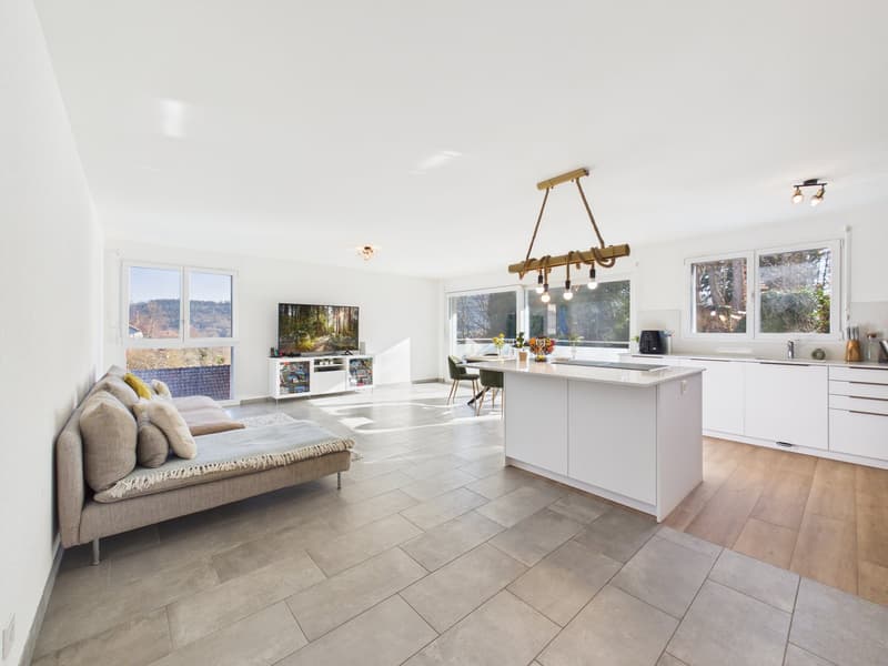 Open-plan living and dining area with large windows, modern kitchen, comfortable sofa, TV, dining table, chandelier, wooden floor