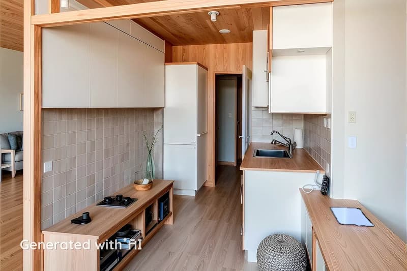 modern kitchen with wooden cabinets, tiled backsplash, wooden countertops, stainless steel sink, faucet, small table with stovetop, open doorway leading to another room, wooden floor, power outlets, and a power strip