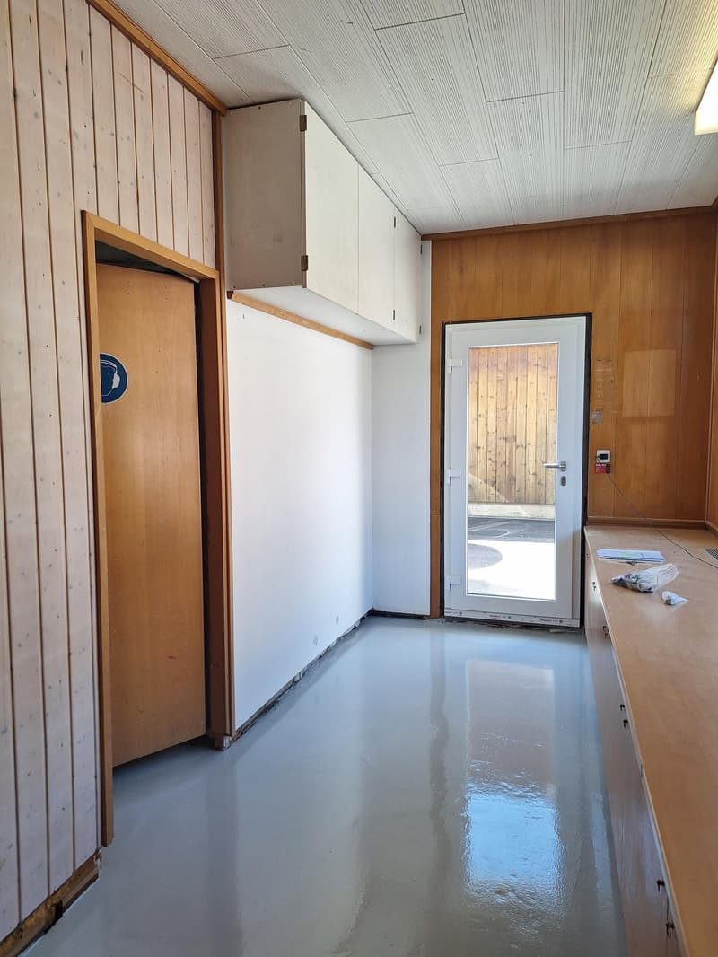Wooden walls, white flooring, white door, open door leading to exterior, white cabinet above door, large white door with glass panel, wooden countertop with some items, visible wiring on wall
