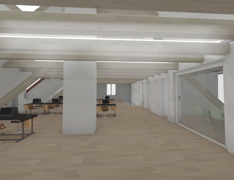 Spacious office with tables, chairs, monitors, and a central corridor.