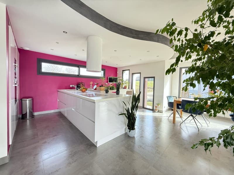 Spacious open-concept kitchen with white cabinets, gray countertops, and a large window overlooking a balcony or terrace. The kitchen is integrated into a larger living area with a modern, minimalist design and natural elements like the potted plant.