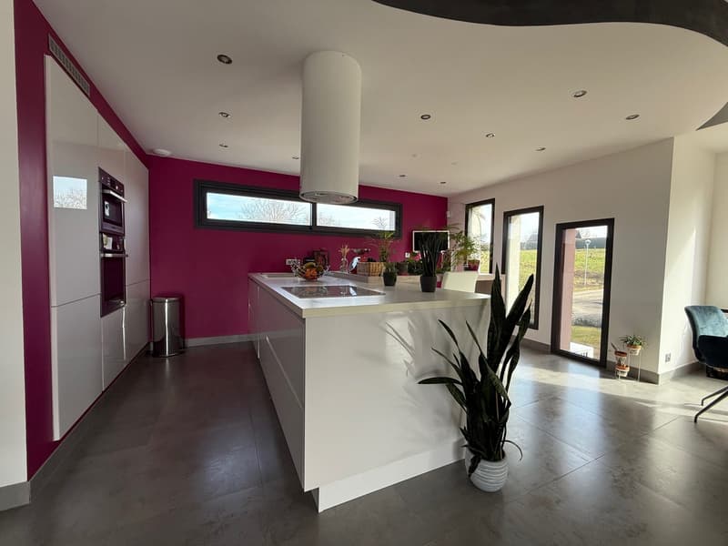 Modern kitchen with white cabinets, white countertops, built-in appliances, and a large window. The walls are painted in a bold burgundy color, creating a striking contrast with the light-colored kitchen elements. The kitchen also features a central islan