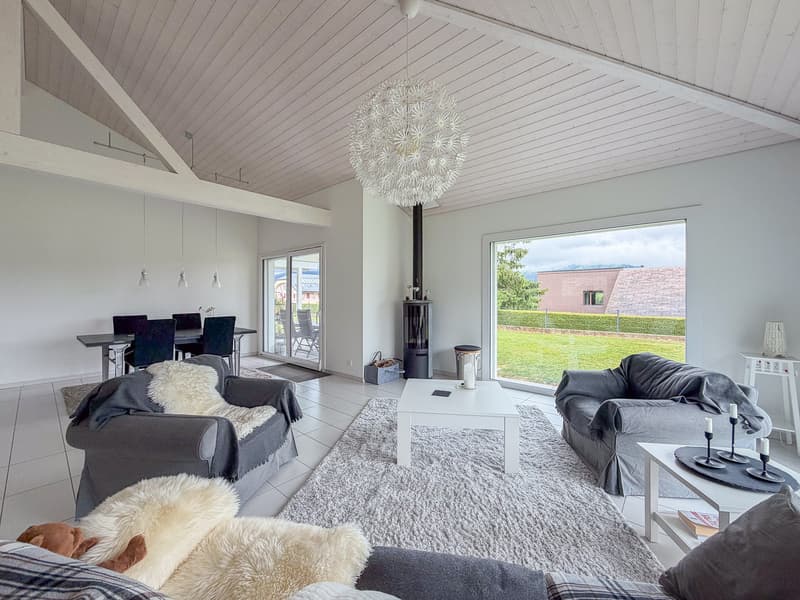 Pièce à vivre avec grande hauteur sous-plafond avec poêle à bois