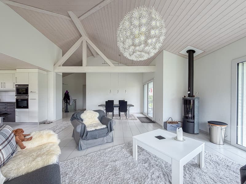Pièce à vivre avec grande hauteur sous-plafond avec poêle à bois