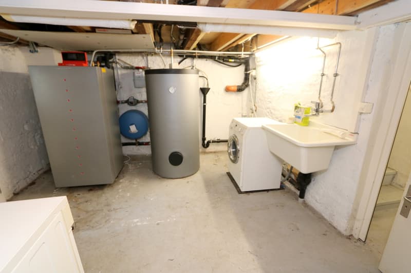 A basement room with a washer, a sink, a water heater, and a boiler