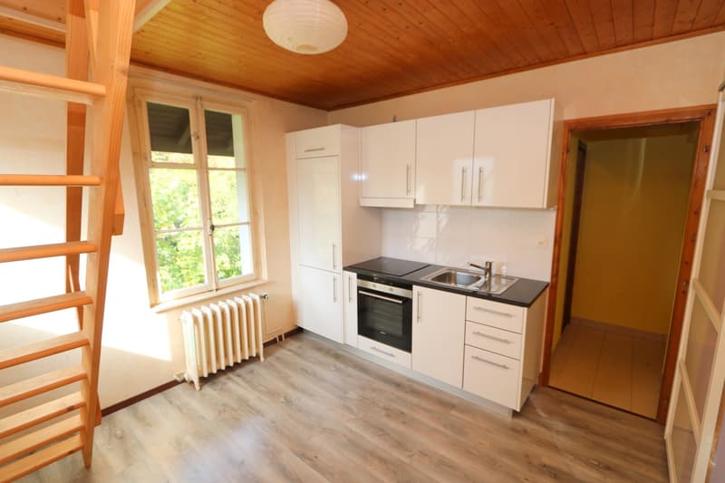 kitchen with wooden floors, white cabinets, black countertop, sink, oven, radiator, wooden ladder