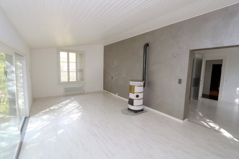 empty room, white wooden floor, white walls, double windows, fireplace