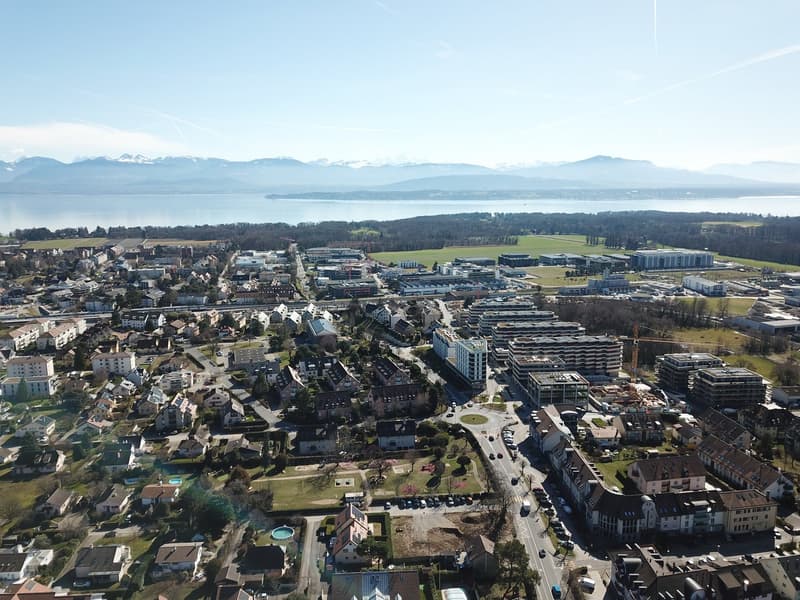 Cityscape with houses, mountains in the background, lake and sky