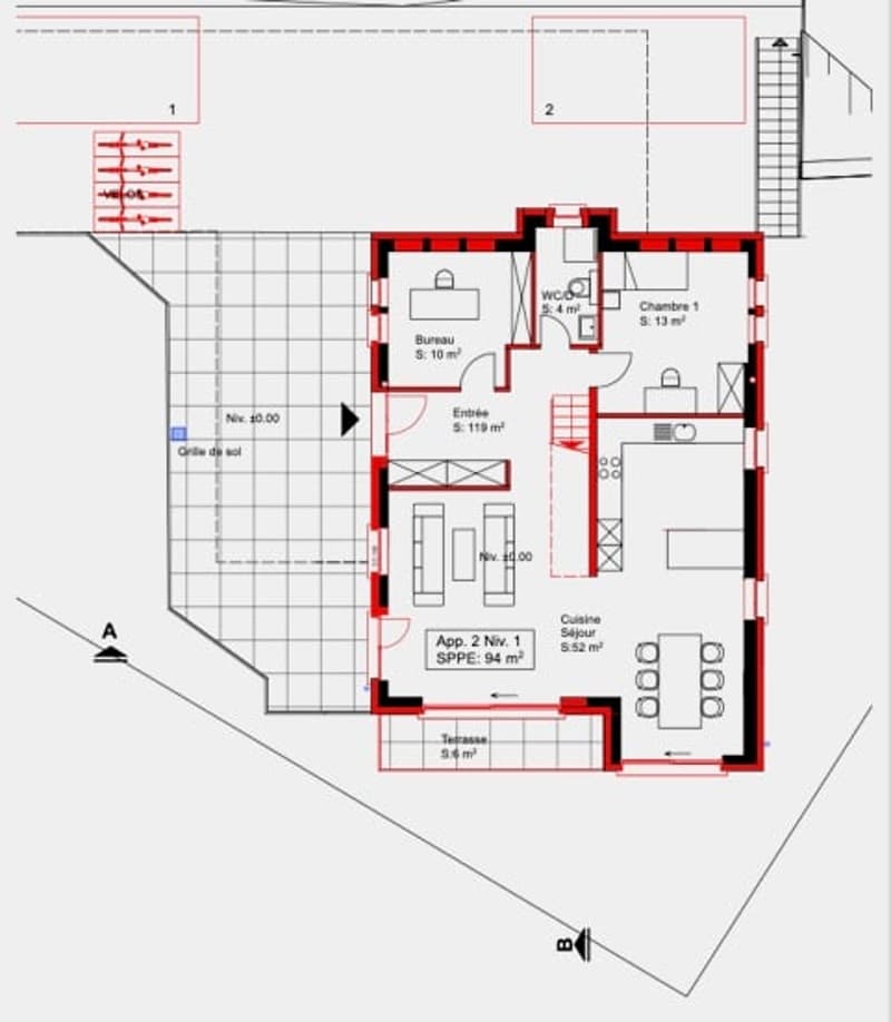 Bureau, kitchen, 2 bedrooms, living room, terrace, bathroom, entrance, separate kitchen
