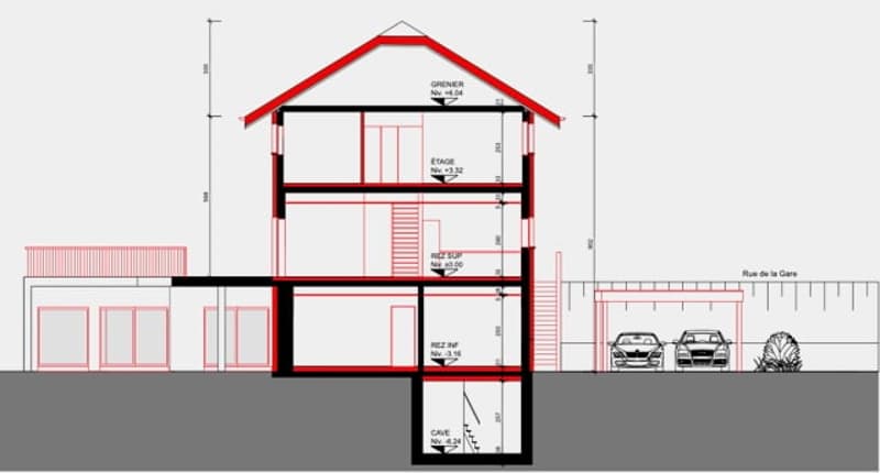 3 story house, two garage doors, 2 cars in garage, basement