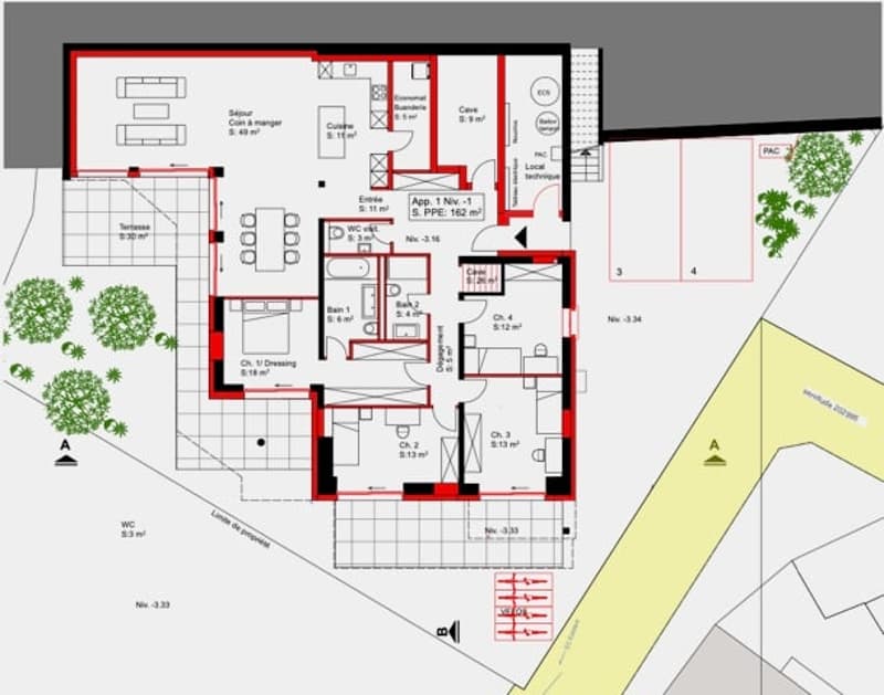 App. 1 Niv.-1 terrace, swimming pool, WC, main room, kitchen, 5 rooms, 5 bathrooms