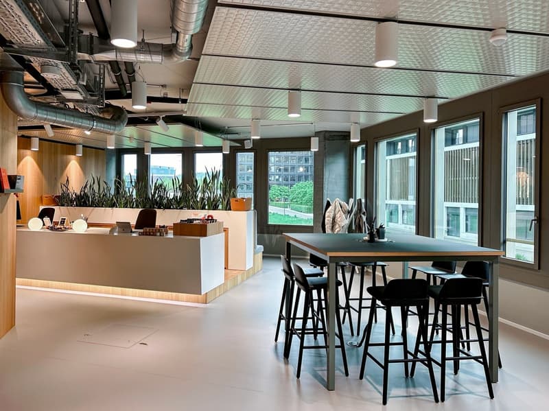 white floor, suspended white lights, counter with wooden top, black bar stools, glass wall, desk, plant