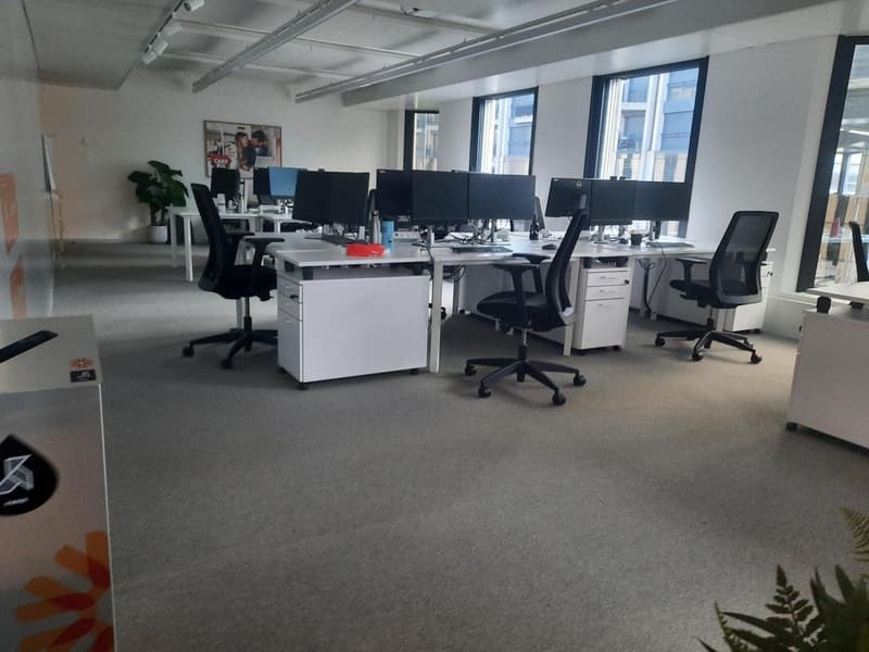 modern office with desk and office chairs, 6 computer screens, carpeted floor, natural light from windows