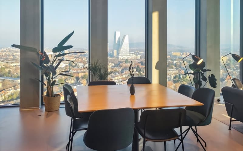 Large office space with floor-to-ceiling windows offering a panoramic view of the city skyline. The room features a wooden conference table surrounded by black chairs, as well as potted plants and desk lamps for decor.