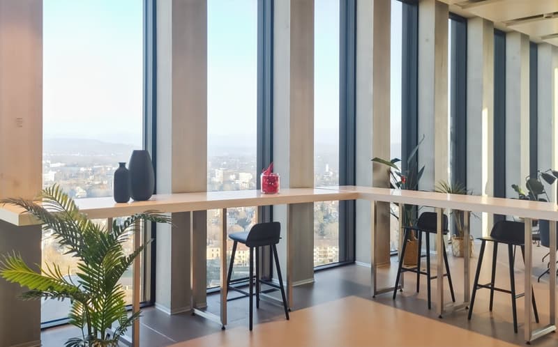 Spacious office space with large windows offering a panoramic view of the city. The room features a wooden counter-height table with bar stools, potted plants, and decorative vases. The minimalist decor and modern furniture create a stylish and profession