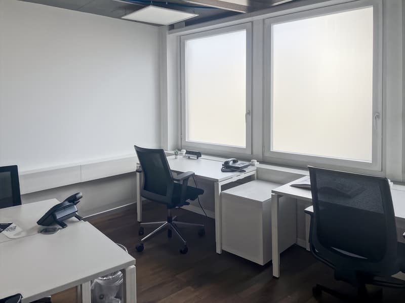 modern office with white walls, wooden floor, desks, chairs, windows, telephones, and a ceiling light