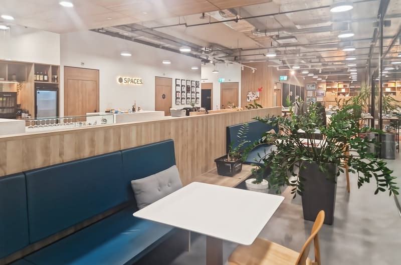 modern restaurant with wooden booth seating, white tables, blue cushions, wooden chair, large potted plants, large refrigerator, wooden cabinets