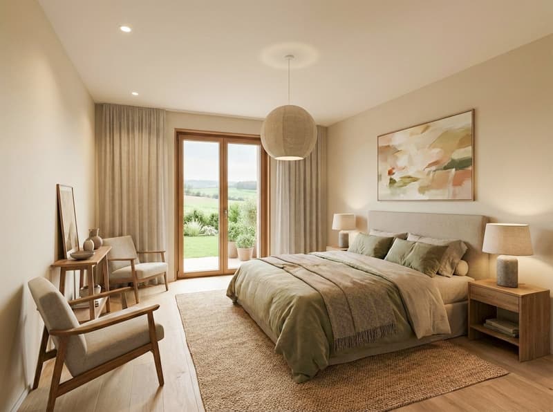 A bed room with wooden floor, large window with access to terrace, a bed, 2 night lamps, a table with lamp, a painting, chairs and a frame