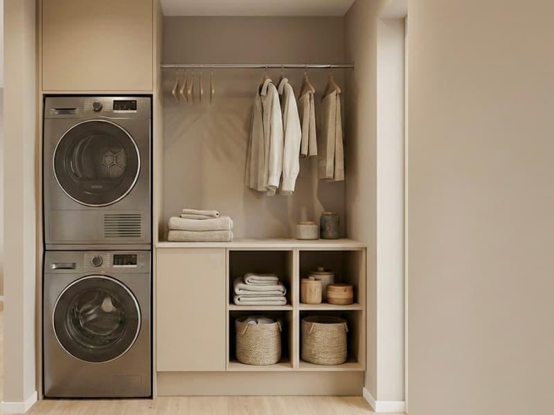 Laundry room with built-in washing machines, hanging rack, and storage shelves