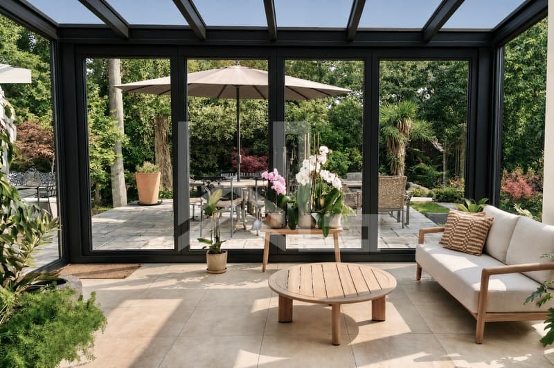 Corsier / a large conservatory with a table and umbrella and potted plants on the patio