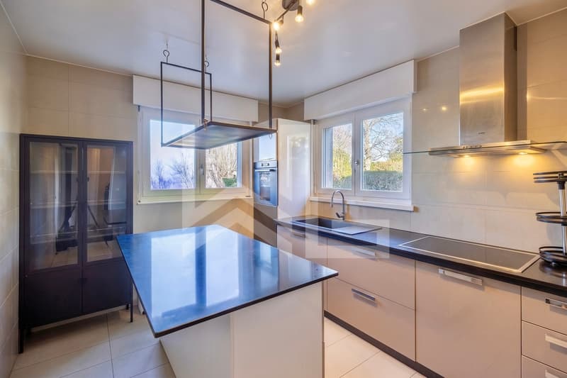 Corsier / a modern kitchen with stainless steel appliances and a large window