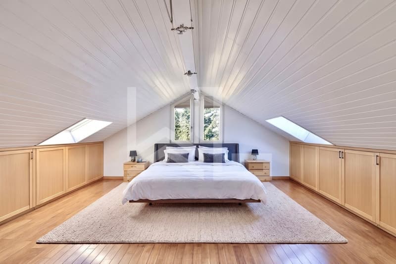 Corsier / a bedroom in a house or attic with a large white bed, vaulted ceilings and skylights