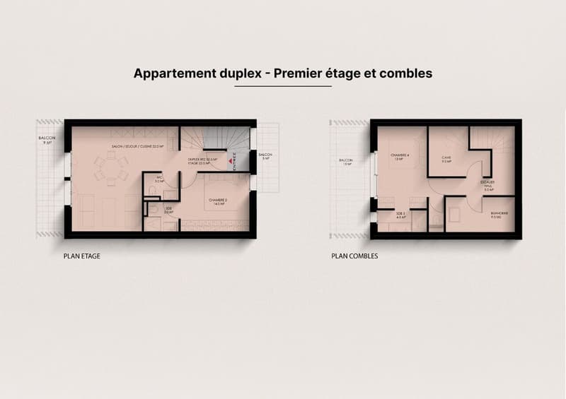 Apartment on plan, 3 rooms in duplex with balconies and annexes (1)